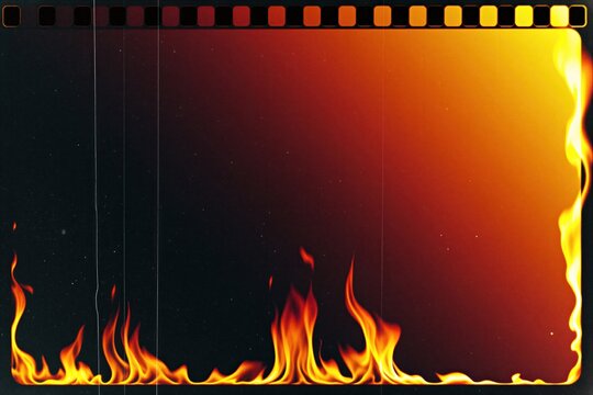 Film strip burns with orange yellow gradient, dust specks, scratches, and flames licking edges. Vintage cinematic texture provides copy space for retro effects and transitions.