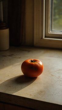 Single imperfect tomato on a scratched kitchen counter. Vertical photo of a raw vegetable with dramatic sunlight and shadow. Realistic food documentary