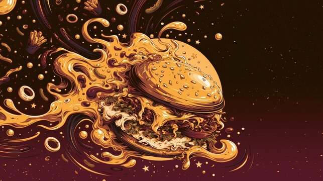 Exploding cheeseburger surrounded by swirling golden sauce and crumbs on a dark brown background, dramatic food illustration for advertising and branding.


