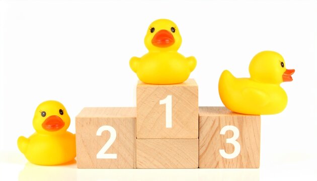 Yellow Rubber Ducks Standing on Wooden Podium Blocks Numbered 1, 2, and 3 for Competition, Leadership, and Achievement Concept