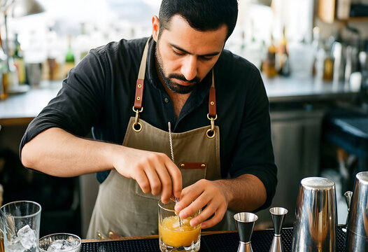 Craft cocktail preparation, professional bartender mixing a drink with bar tools and jigger in a modern bar setting