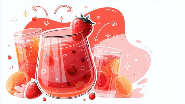 Red strawberry cocktails and iced fruit drinks with citrus accents on a white background, refreshing summer beverage illustration for cafe menus.


