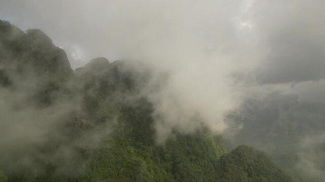Misty Limestone Mountains and Tropical Rainforest in Khao Sok, Thailand