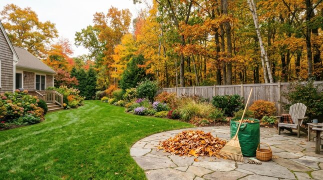 Beautiful autumn garden landscaping with colorful foliage and cleanup tools.