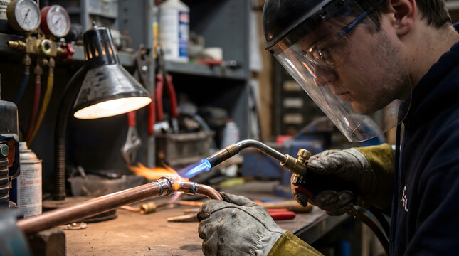 Plumber soldering copper pipe with blowtorch in workshop