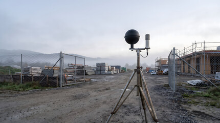 Naklejka premium Environmental monitoring equipment on tripod at construction site