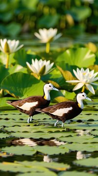 Two elegant jacana birds walk on lily pads in a pond surrounded by white water lilies and lush green foliage. Sunlight illuminates the calm water and reflects the birds in this serene natural setting.