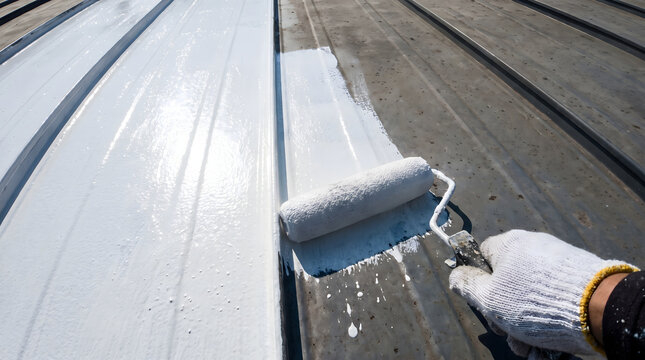 Painter applying white waterproof coating on metal roof