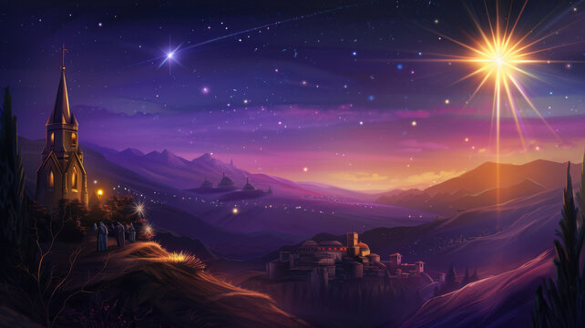 Celestial Star of Bethlehem and Nativity Scene Landscape. Dramatic digital painting depicting a brightly shining Star of Bethlehem over sprawling, mountainous biblical landscape.