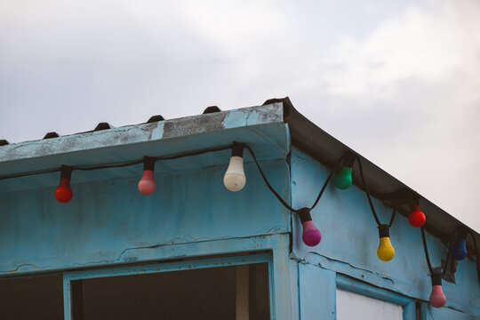 string lights on an abandoned building