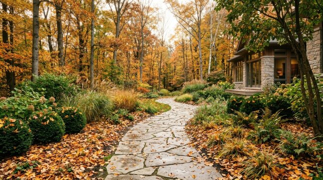 Scenic autumn backyard path surrounded by vibrant foliage and stone walkway in residential garden.