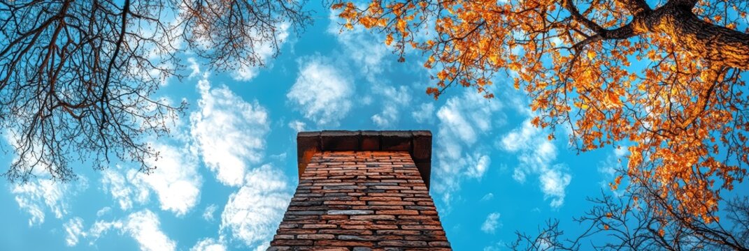 Glimpse of a section of a brick buildings pediment featuring a gable with a tree, set against a cloudy sky, seen from an upward angle