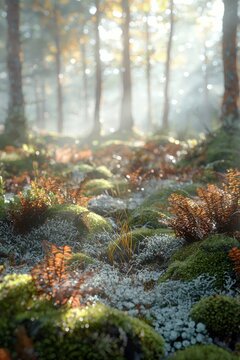 Mossy and organic ground cover featuring ferns, lichen, and fungi, with intricate details of vegetation and ecological diversity in a macro perspective