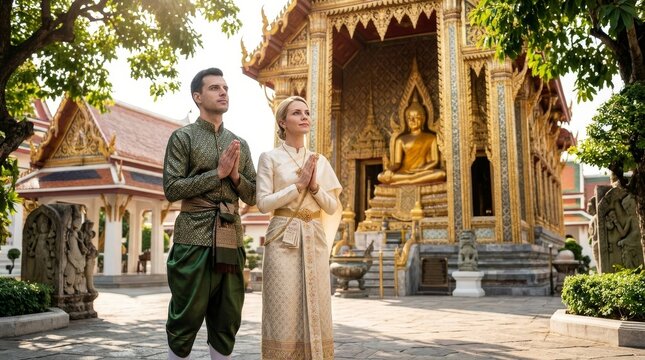 Two Friends in Thai Traditional Dress Paying Respect at Temple