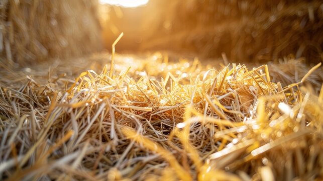 Interior of a Barn with Stacked Hay and Straw Bales