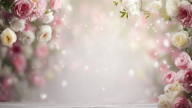 A soft and romantic floral studio backdrop, blooming pink and white flowers with a dreamy bokeh effect and ethereal lighting.