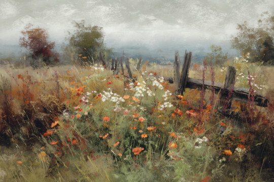 Impressionist style oil painting of flower meadow and rural landscape. Impasto painting. Brush strokes clearly visible