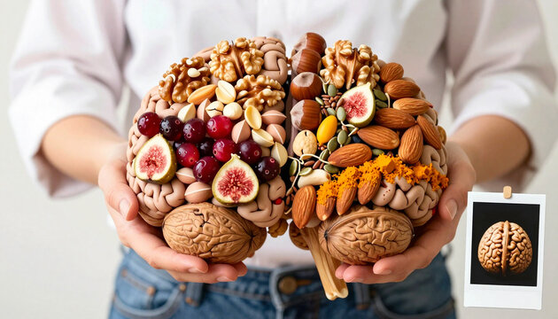 Person holding a brain model filled with healthy superfoods like walnuts, almonds, berries, and figs, symbolizing brain health, nutrition, and cognitive wellness. BDNF factor enhancement