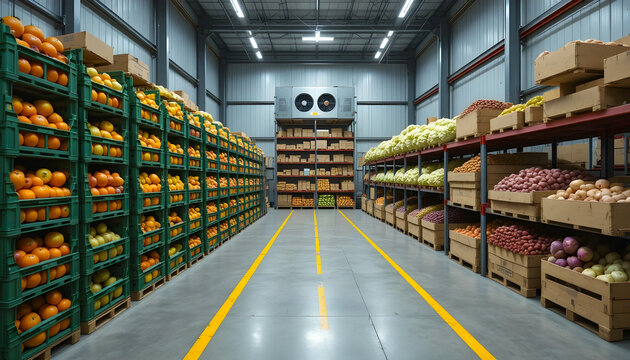 Large cold storage warehouse interior with shelves and crates stacked with fresh fruits and vegetables. post-harvest fruit respiration control, ethylene absorption, WMS inventory traceability