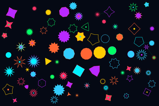 Vibrant geometric shapes scattered across dark minimalist background