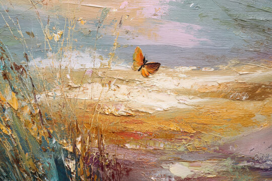 Impressionist style oil painting of a flying butterfly and grasses. Impasto painting. Brush strokes clearly visible.