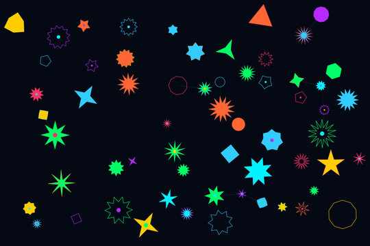 Abstract neon geometric shapes scattered across dark minimalist