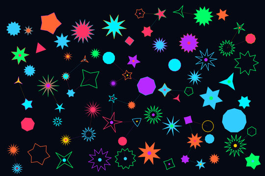 Vibrant neon geometric shapes floating against dark background