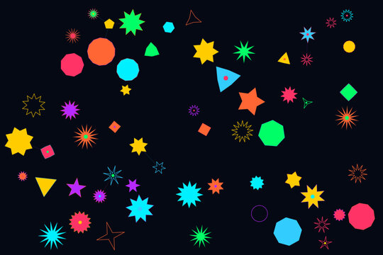 Vibrant neon geometric shapes scattered across dark minimalist