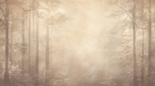 Aged parchment paper as background, empty center for writing, forest trees on edges, faded forest landscape.