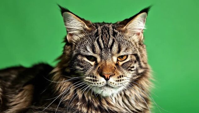 Majestic maine coon cat expressing various facial expressions against solid green studio background lighting setup with expressions with expressions
