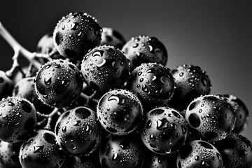 Naklejka premium Black, white closeup of fresh wet grapes with water droplets. Bunch of dark ripe berries sits on flat surface with moody shadows. Food photography shows texture, detail of organic fruit for healthy