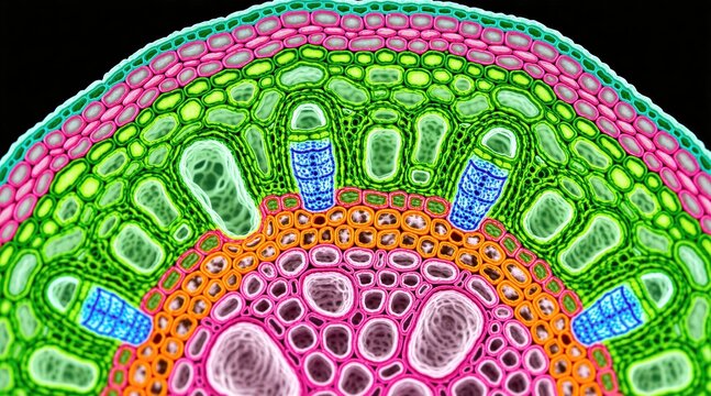 Bright vibrant microscopic cross section of plant stem complex cellular structure. Detailed biological view shows colorful anatomy inside stalk tissue under laboratory zoom lens. Scientific imagery