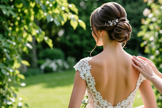 Young bride back view with elegant updo hairstyle and lace dress. Woman prepares for wedding ceremony in sunny green garden. Another hand gently touches her shoulder.