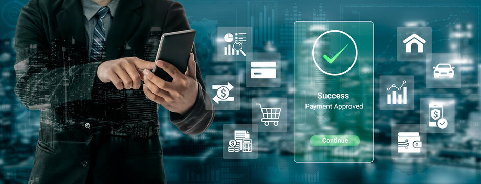 Businessman Using Smartphone in Front of Digital Financial Interface Showing Payment Approval and Success Indicators in Urban Setting. Glyphic.
