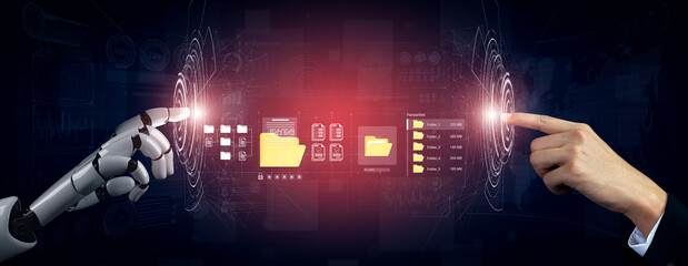 A creative representation of human and robot hands connecting in a digital space, showcasing the...