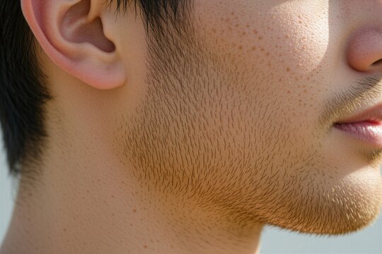 Young male face profile with stubble beard, freckled skin texture. Close up view shows clean healthy complexion of teenager. Natural sunlight hits jawline, neck area during outdoor portrait session.