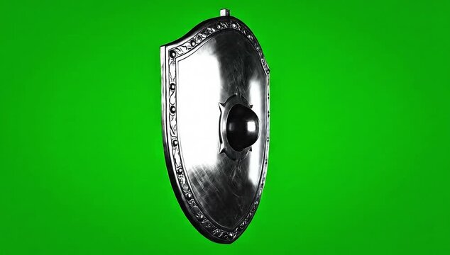Rotating medieval metal shield isolated against vibrant green screen background for cinematic visual effects compositing with captured high quality easy compositing
