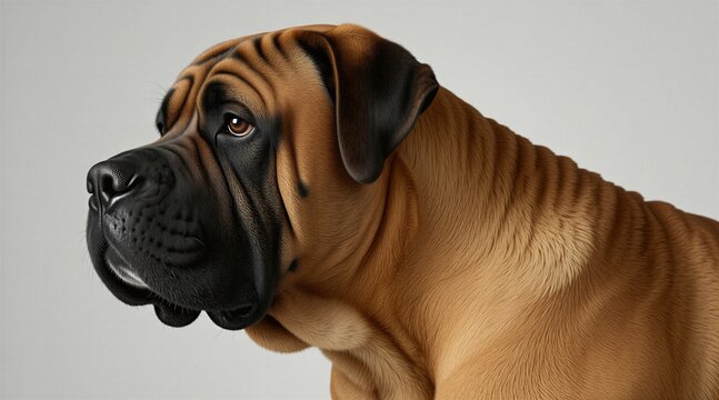 Profile view of majestic Bullmastiff dog with brown fur, black muzzle. Large purebred canine head against neutral studio background. Strong powerful pet poses for portrait. Detailed muscular animal