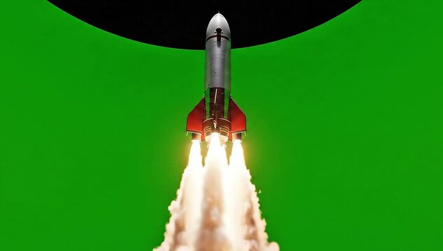 Space rocket launching into orbit with bright exhaust plumes against solid green background for compositing with rocket ascending intense video depicts vertical