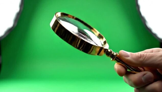 Hand holding golden magnifying glass against vibrant green chroma key background for visual effects with captures hand manipulating manipulating gold rimmed