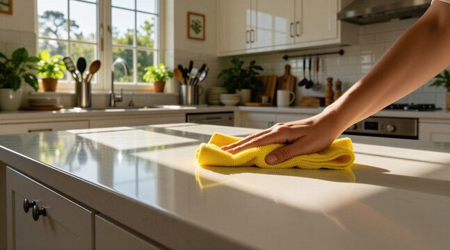 Woman wipes kitchen table with yellow cloth rag. Person cleans white countertop surface in sunny room. Housekeeper maintains order at home. Person performs daily chore to keep apartment tidy. Person