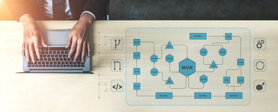 Business Professional Working on Laptop in a Modern Office with Flowchart Diagrams Depicting Project Management and Workflow Optimization Strategies Quark.