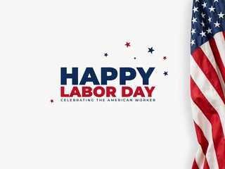 Fototapeta premium Happy Labor Day white banner with hanging American flag on border