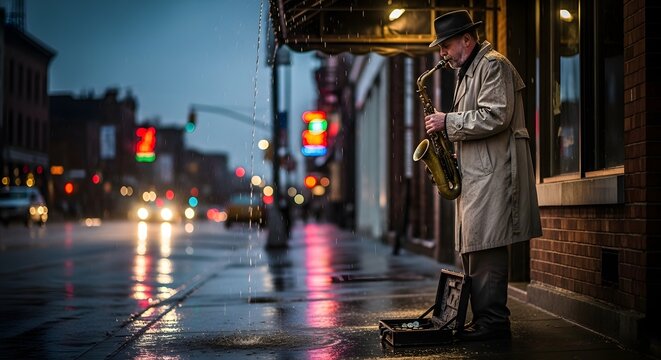 Street musician playing saxophone on a rainy city sidewalk at night