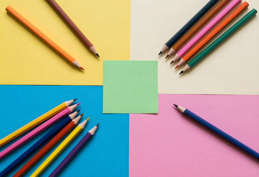 Creativity and education with colorful pencils and blank green sticky note on a vibrant background