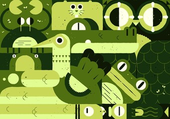 Green Swamp Animals Abstract Pattern – Playful Wildlife Illustration