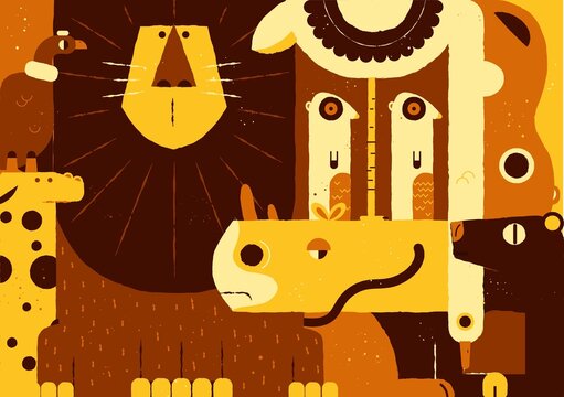 African Safari Animals Abstract Collage &ndash; Warm Color Wildlife Illustration