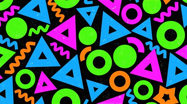 Abstract pattern of bold geometric shapes circles triangles zigzags in vibrant neon colors. Retro 80s Memphis style design for fun backgrounds and creative projects.