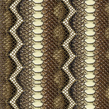 Seamless pattern with snake skin texture surface. Exotic reptile leather background design in brown gold, black colors. Animal print surface for fashion textile creative wallpaper decor. Detailed