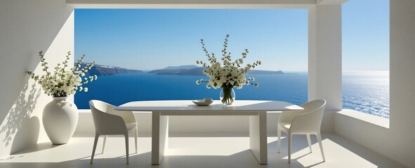 Fototapeta premium White modern dining area overlooking blue sea. Table and chairs set on balcony with floral decor. Sunny day, luxury vacation estate, calm ocean panorama, island scenery.